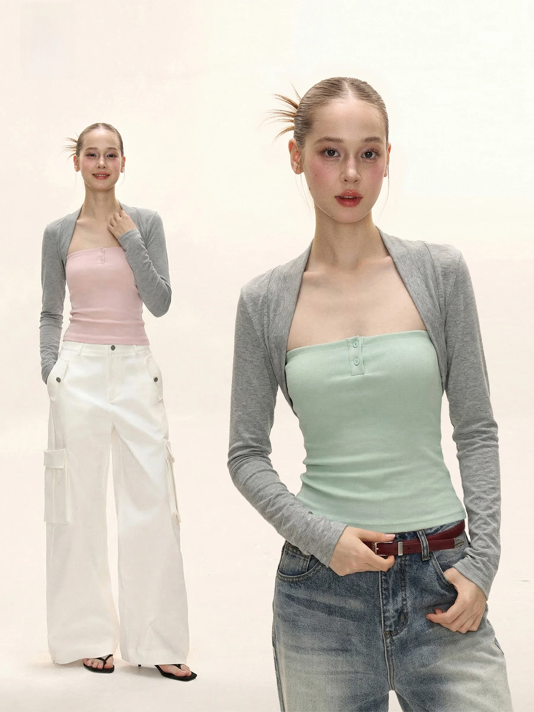 November American Color Block Long Sleeve T-Shirt Women Summer Spicy Shoulder Square Collar Fake Two-Piece Waist Slim Fit Top