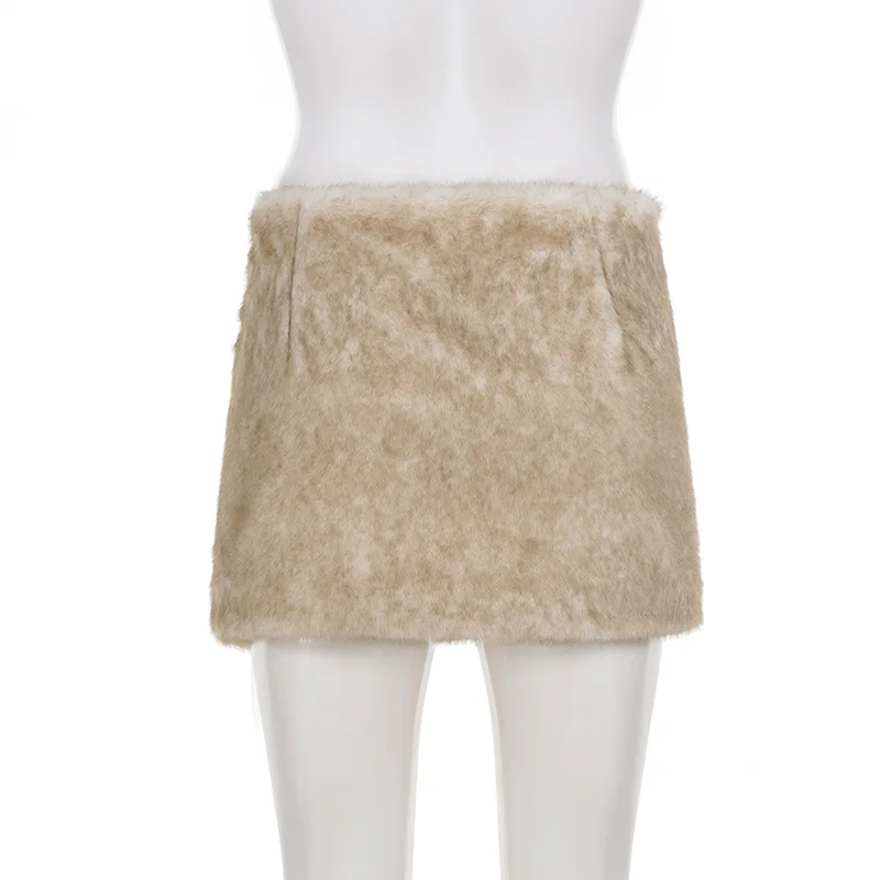 크리스마스 가을 겨울 따뜻한 불규칙한 퍼 버클 스플릿 스커트 스파이스 걸 개성 플러시 미니 스커트 여성용