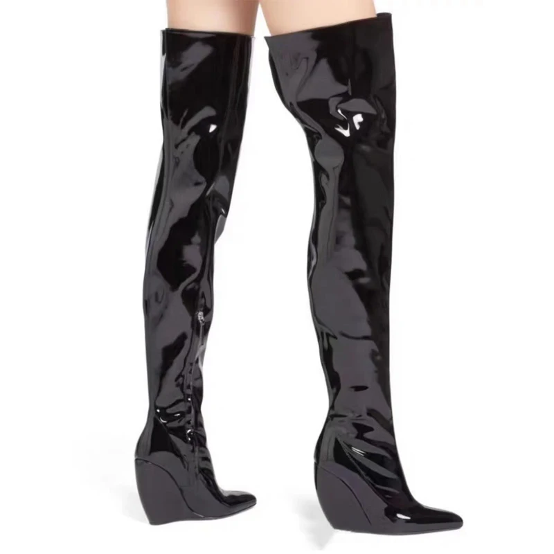 Women Black Patent Leather Wedge Over The Knee Boots 2026 Pointed Toe Side Zipper Shiny Thigh High Long Boots Nightclub Party