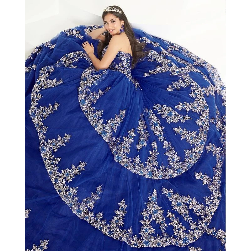 Customized Royal Blue Ball Gown Quinceanera Dress Gold Lace Appliques Beads Cape Sweet 16 15 Vestidos De 15 Años YQD553