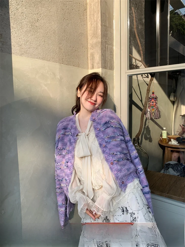 

Женский вязаный кардиган Monet Oil Painting Purple, осенне-зимний, приталенный, повседневный, с V-образным вырезом, длинный рукав