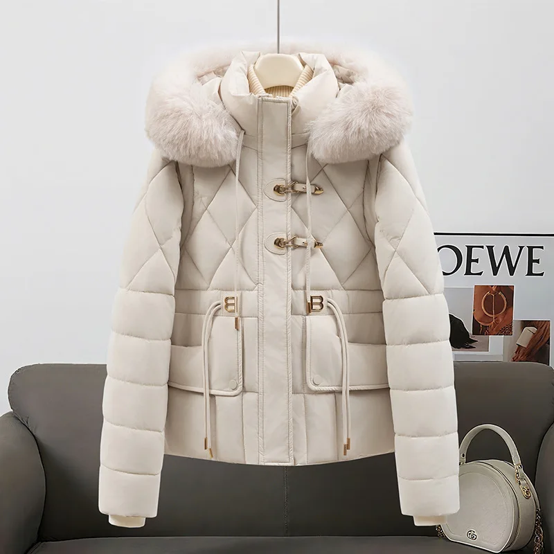 

Winter New Cotton Padded Down Jacket detachable Fur Fashion High-Quality Warm Coat Ladies Short Overcoat Hooded Overwear Tops