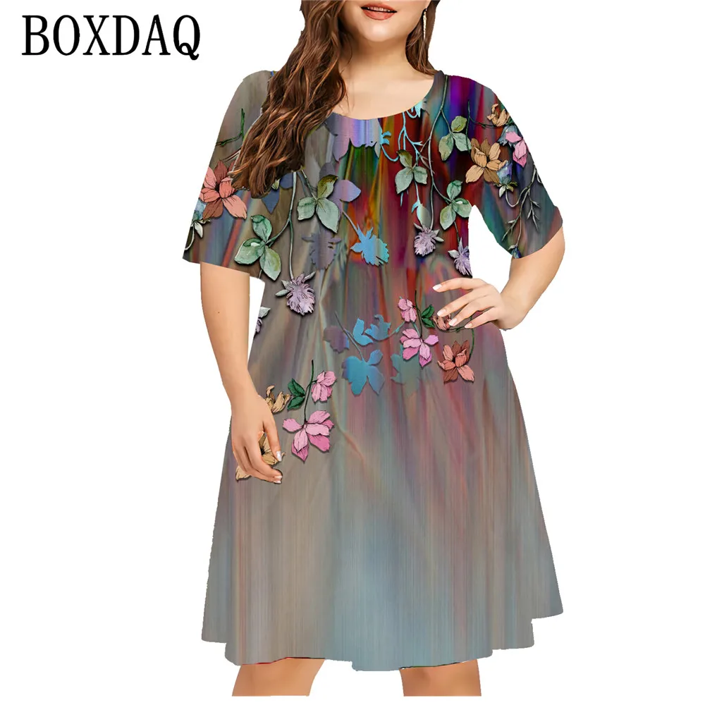 2024 Summer Retro Dress Women Tie Dye Gradient 3D Print Dress Loose Plus Size Women Clothing Casual Short Sleeve A-Line Dresses