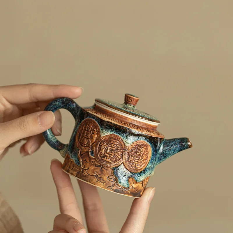 Jingdezhen Handmade Kiln Transformed into Tianmu Built Teapot Copper Coin Teapot Cool Ceramic Tea Set Kung Fu Tea Set Gift Box