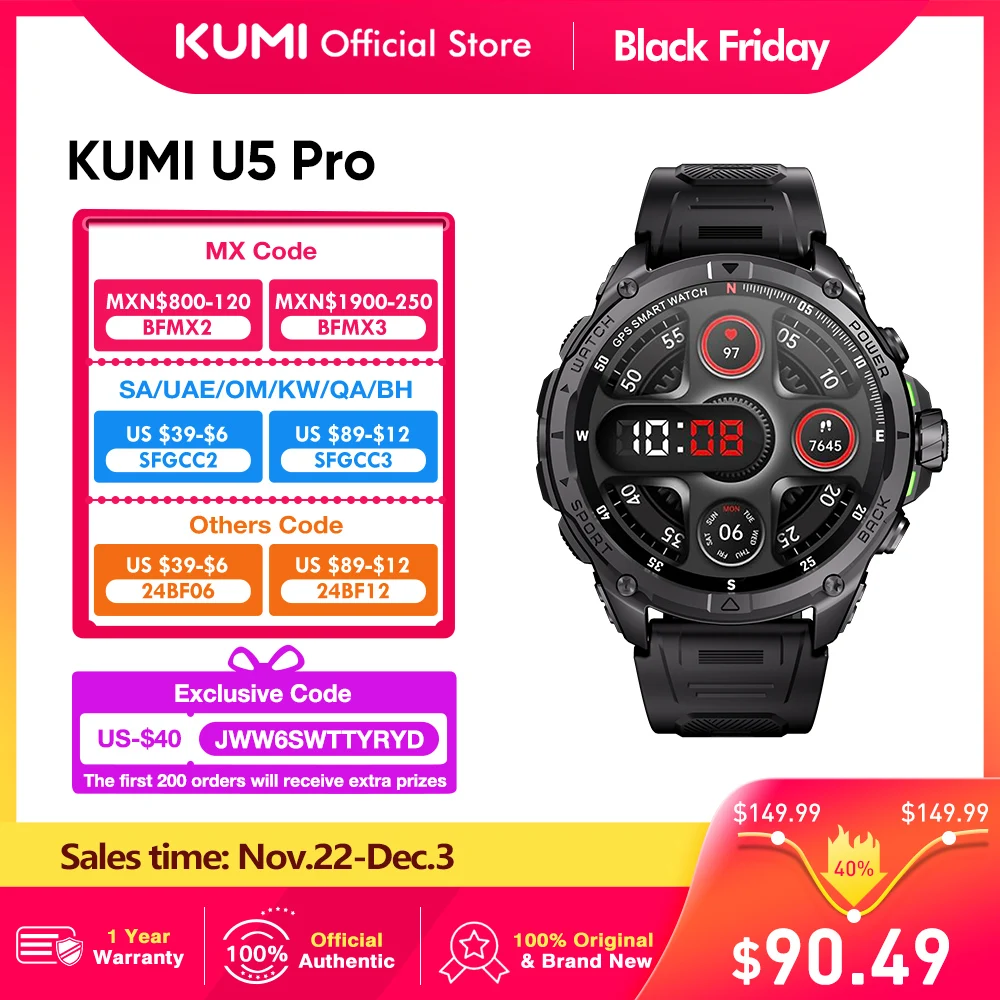 KUMI U5 PRO 1.43″ AMOLED Screen GPS Smart Watch Bluetooth Call Heart Rate Measurement Oximetry Outdoor 100+ Sport SOS Men Women