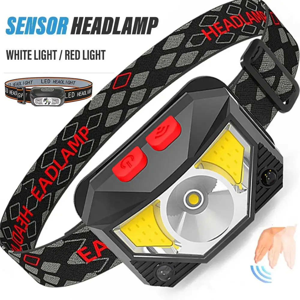 Glare LED Induction Headlamp USB Rechargeable Super Bright Head Flashlight Battery Level Display Multi-function COB Headlight