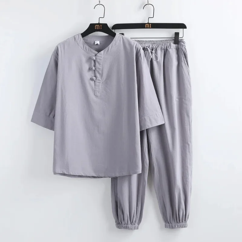 

Fashion Casual T-shirt Trousers Tang Suit Men Sets Retro Chinese Style Zen Tea Shirts Pants Kung Fu Uniform Medieval Viking