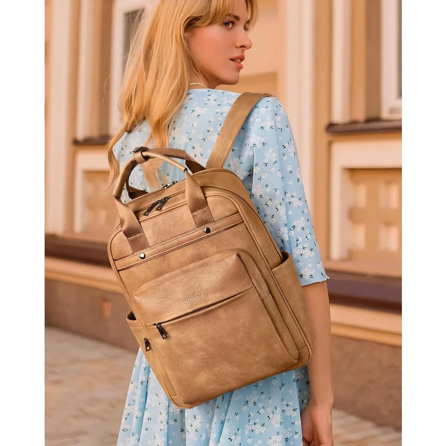 MASINTOR Leather Laptop Backpack for Women Stylish Computer Backpack College Business Work Shoulder Bags Work and Travel Retro