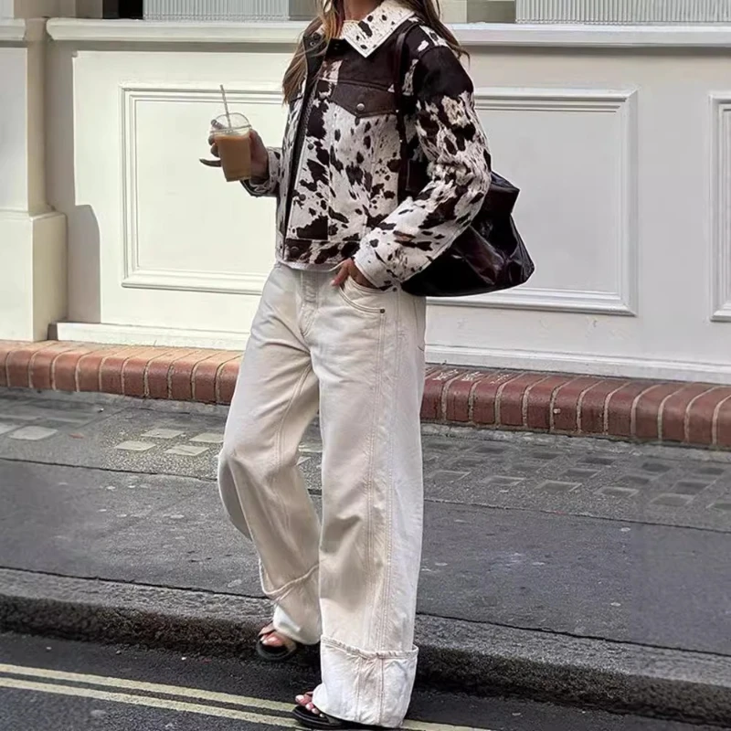 Jacket for Women Fashion Print Pockets Vintage Casual Lapel Long Sleeve Coats Autumn 2025 Female Commuting High Street Outerwear