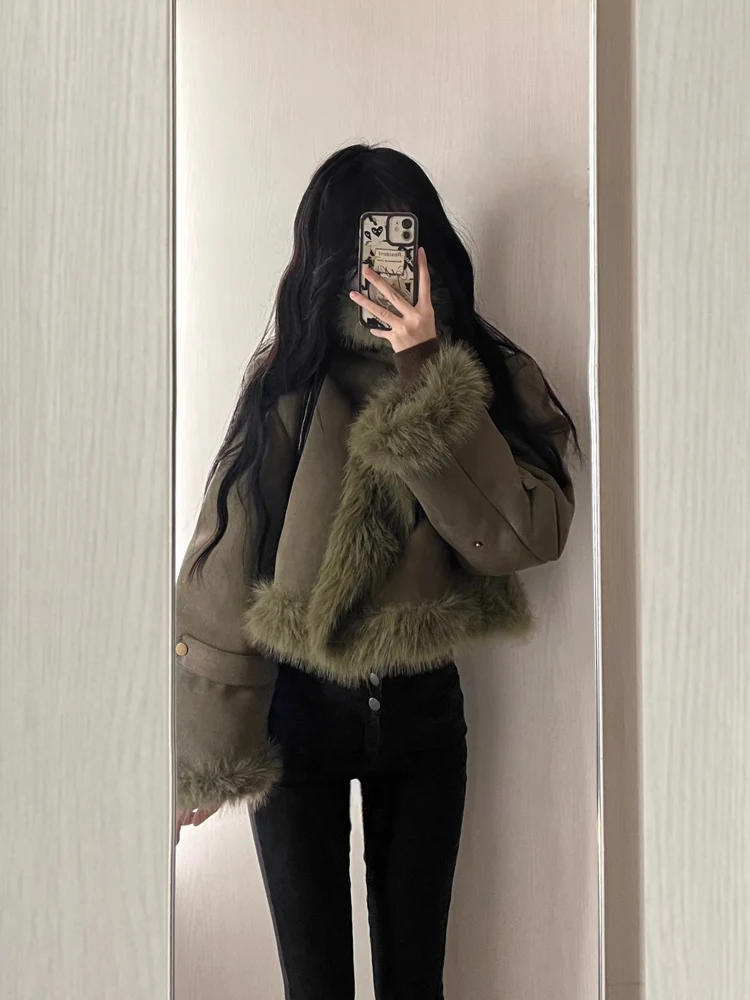 Jacket Women\'s Stitching Short Leather and Fur Suede Thickened Green Lapel Long Sleeve Loose Autumn Winter High-Grade Clothing