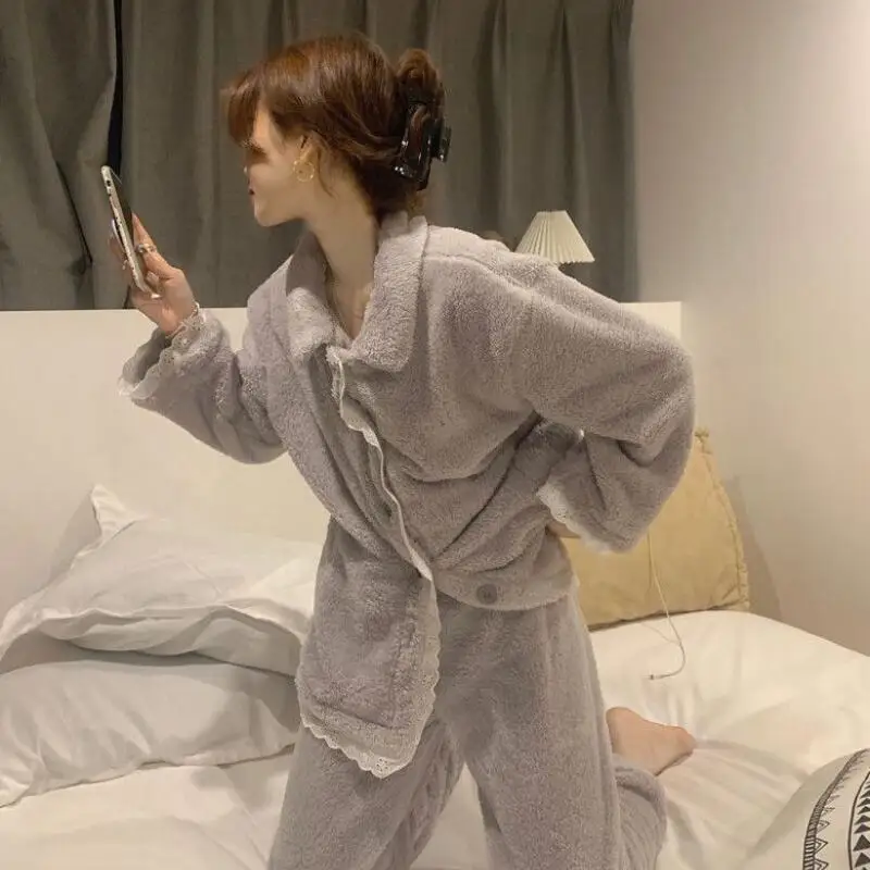 طقم بيجامة ملابس نسائية ملابس منزلية بأكمام طويلة طقم مكون من قطعتين للخريف والشتاء موضة سميكة ومريحة حلوة #3