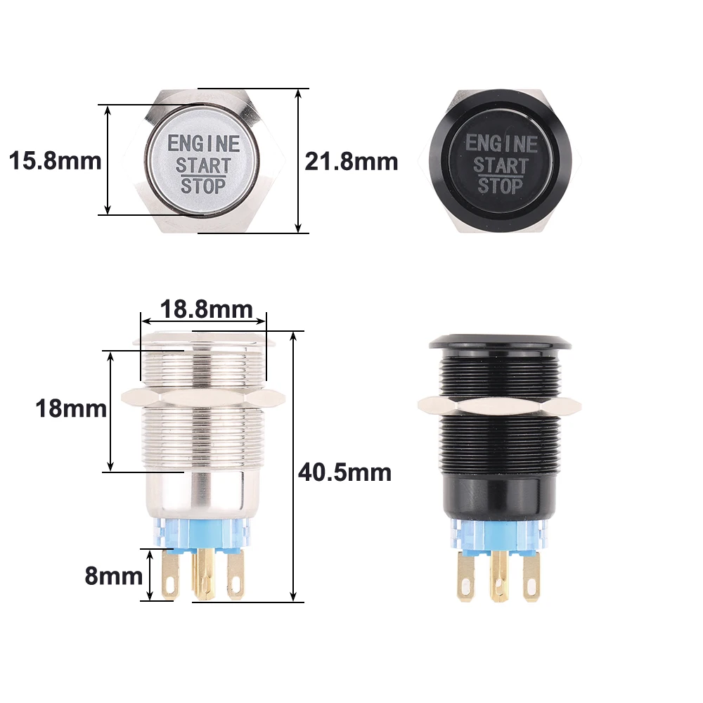Engine Start Switch Metal Button Start Stop Switch with LED Light 19mm Waterproof Car Engine Power Switch 12V