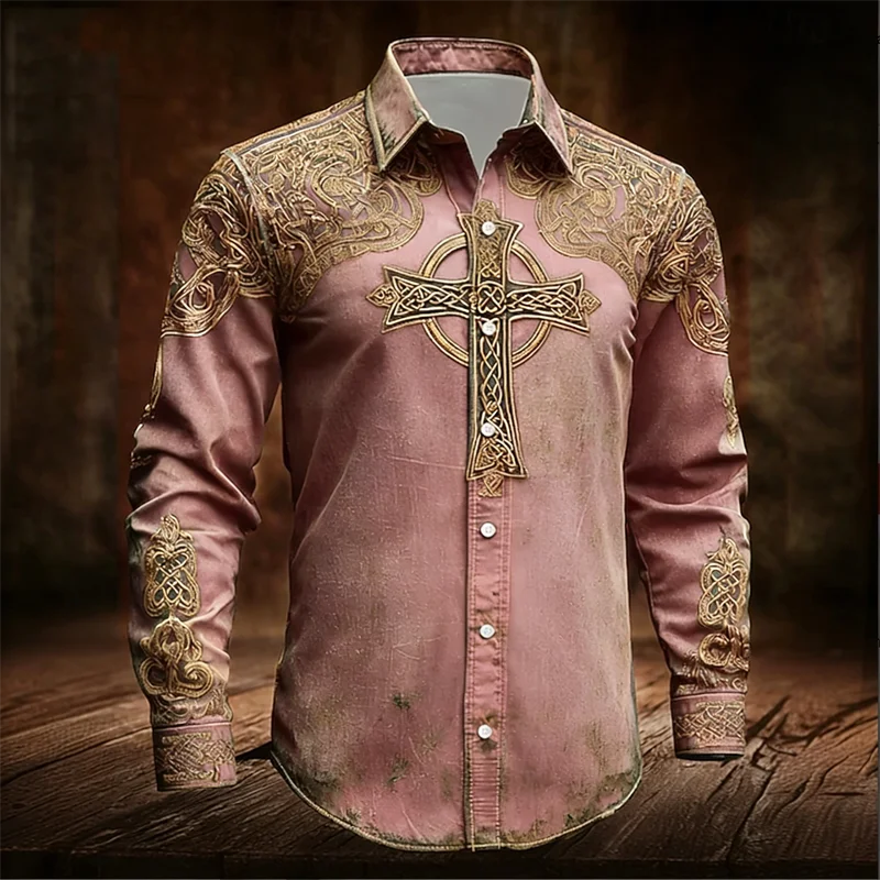 New 11 Color Men's Long Sleeved Shirt with Gold 3D Cross Print, Fashionable and Luxurious Long Sleeved Shirt Top