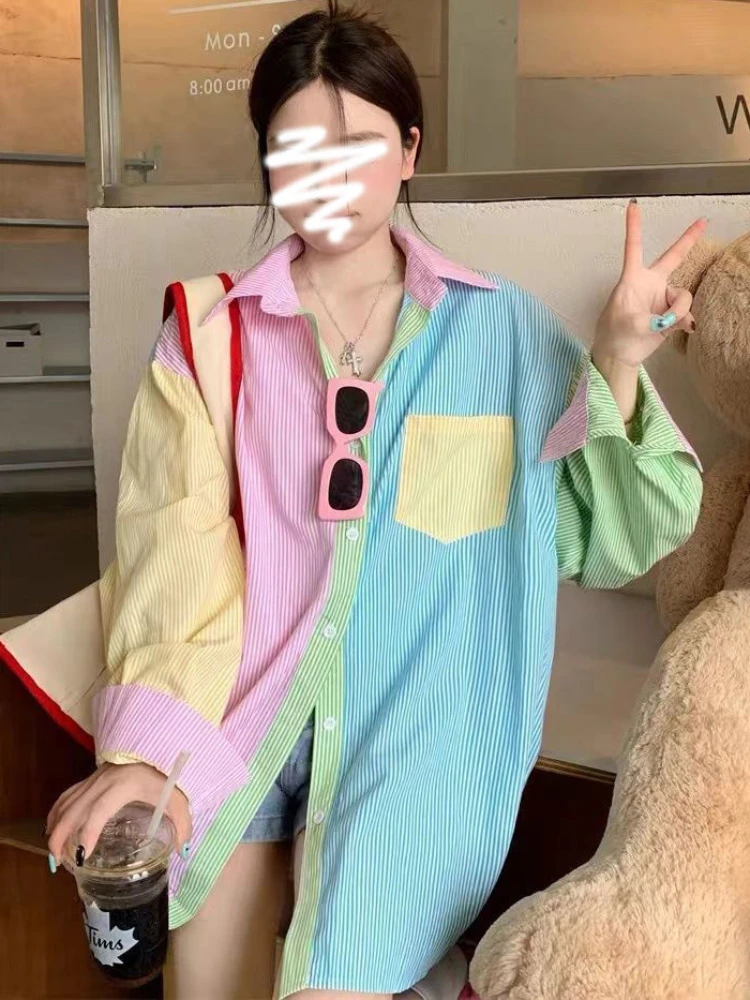 Multiple Candy Colors Patchwork Shirts Women Holiday Kawaii Long Sleeve Cute Girl Baggy Sun-proof Casual All-match Mujer Blusas