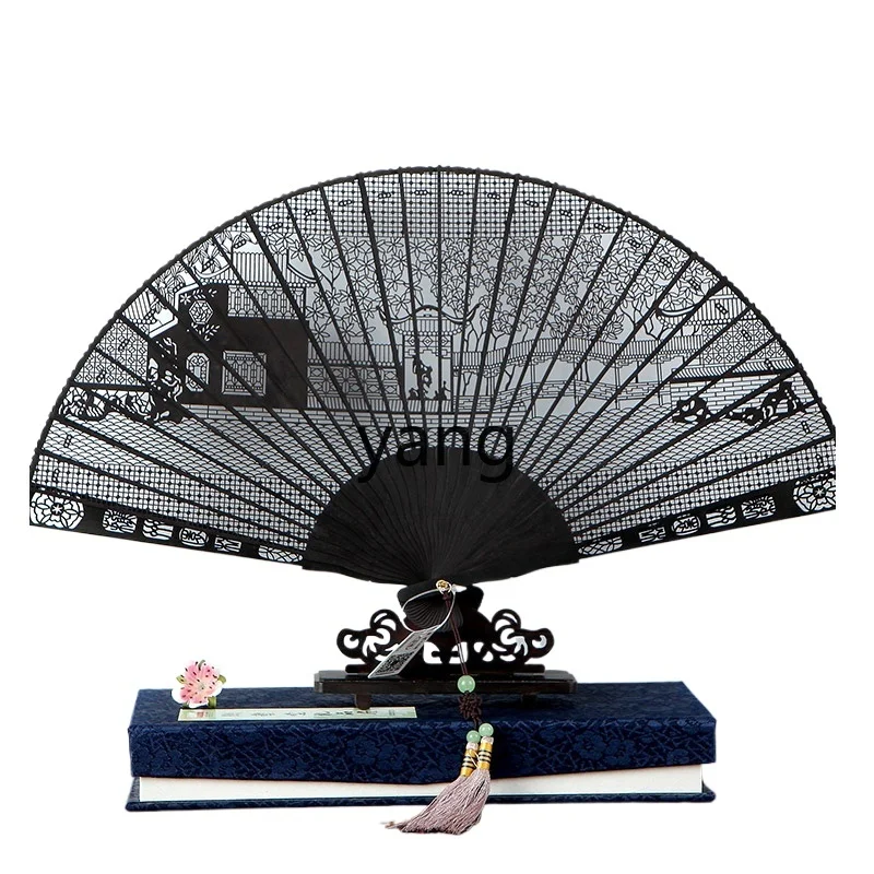 

Yjq7-Inch Ebony Sandalwood Fan Chinese Style Gifts Hollow Carving Female Antique Folding Fan Carving