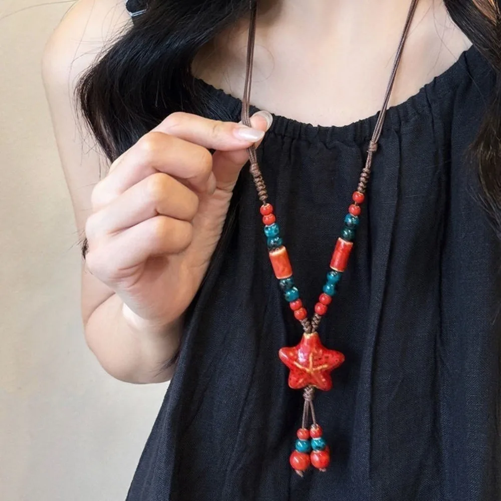 New Ceramic Bohemia Necklace Handmade Colorful Starfish Pendant Ethnic Wax Rope Chain Necklace Women
