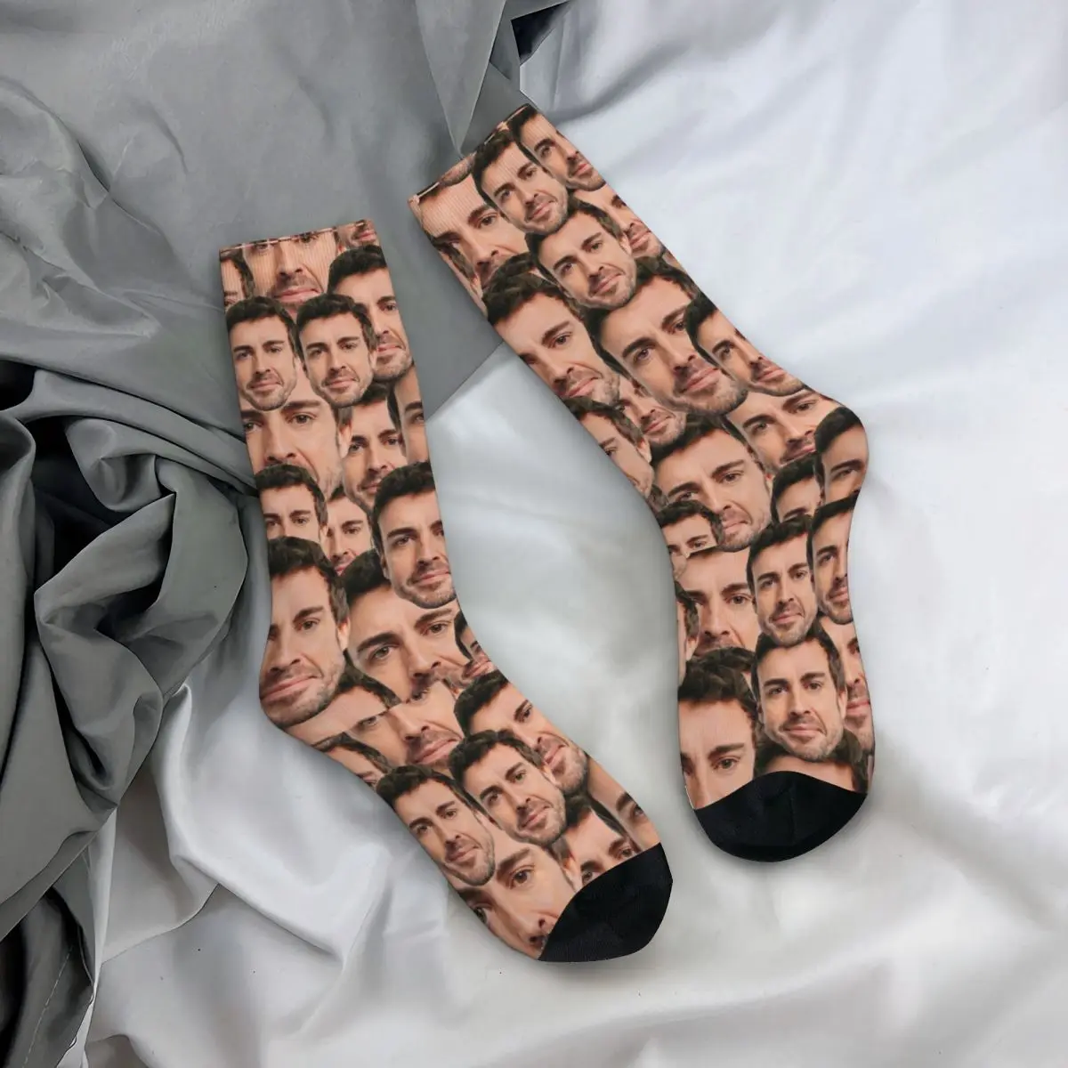 Men\'s Women\'s Fernando Alonso Head Socks Cotton Casual Funny Socks Crazy Merchandise Middle Tube Socks Little Small Gifts