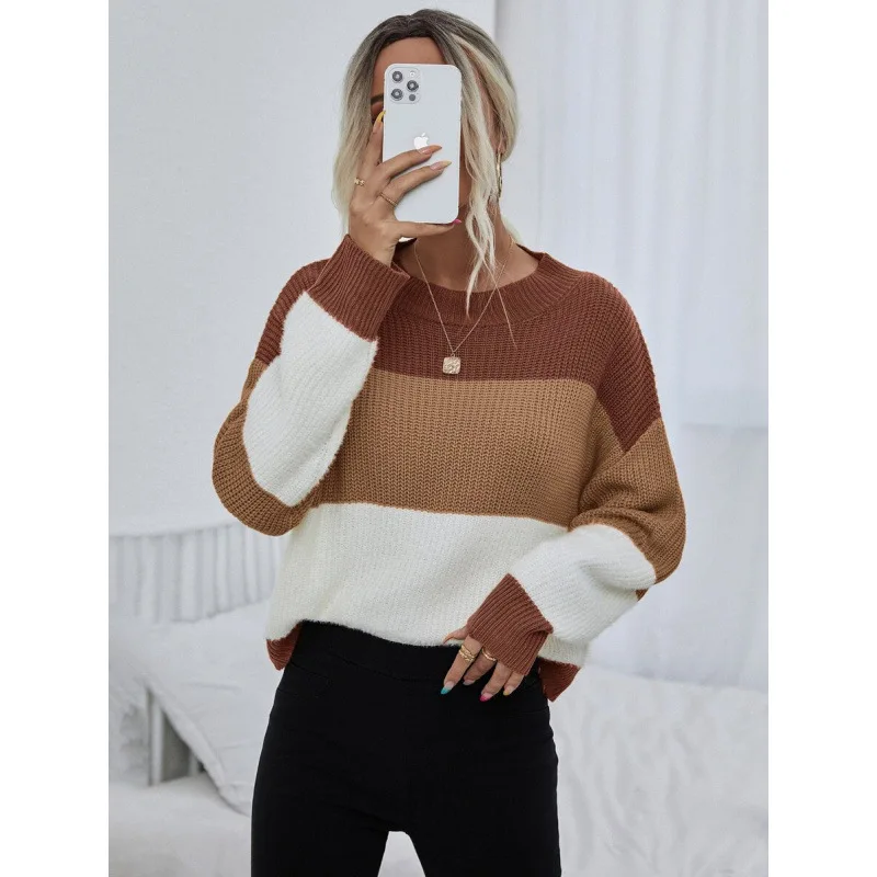 

Color Block Stripe Knit Sweater Women's Fashion Collision Color Stripe Knitted Top Spring Seasonal Casual Wear