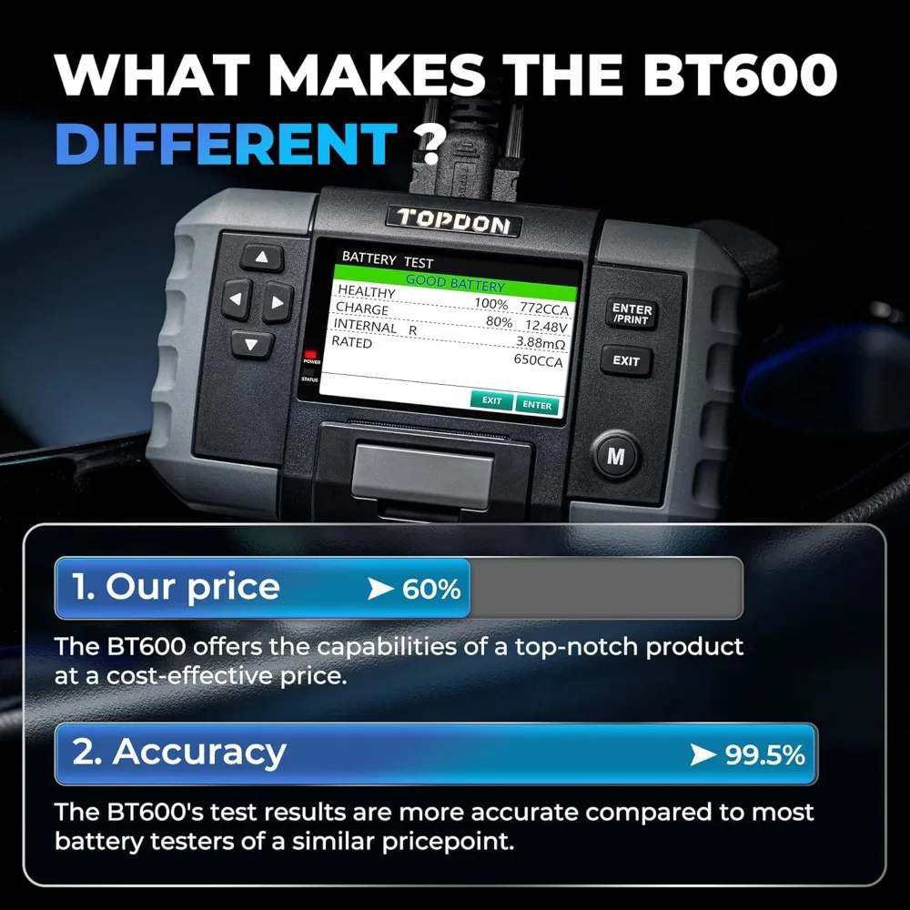 Car Battery Tester, BT600 12V , 12V/24V Cranking Tests and Charging Alternator Load 100-2000CCA Digital Battery Voltage Tester