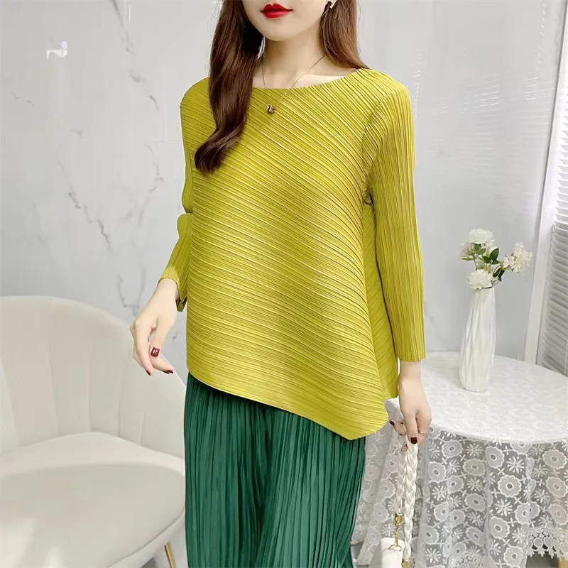 Miyake Neue Plissee Vielseitige frauen Rundhals Temperament Lange-ärmeln Tops frauen T-shirt Bequem Casual mit Elastizität