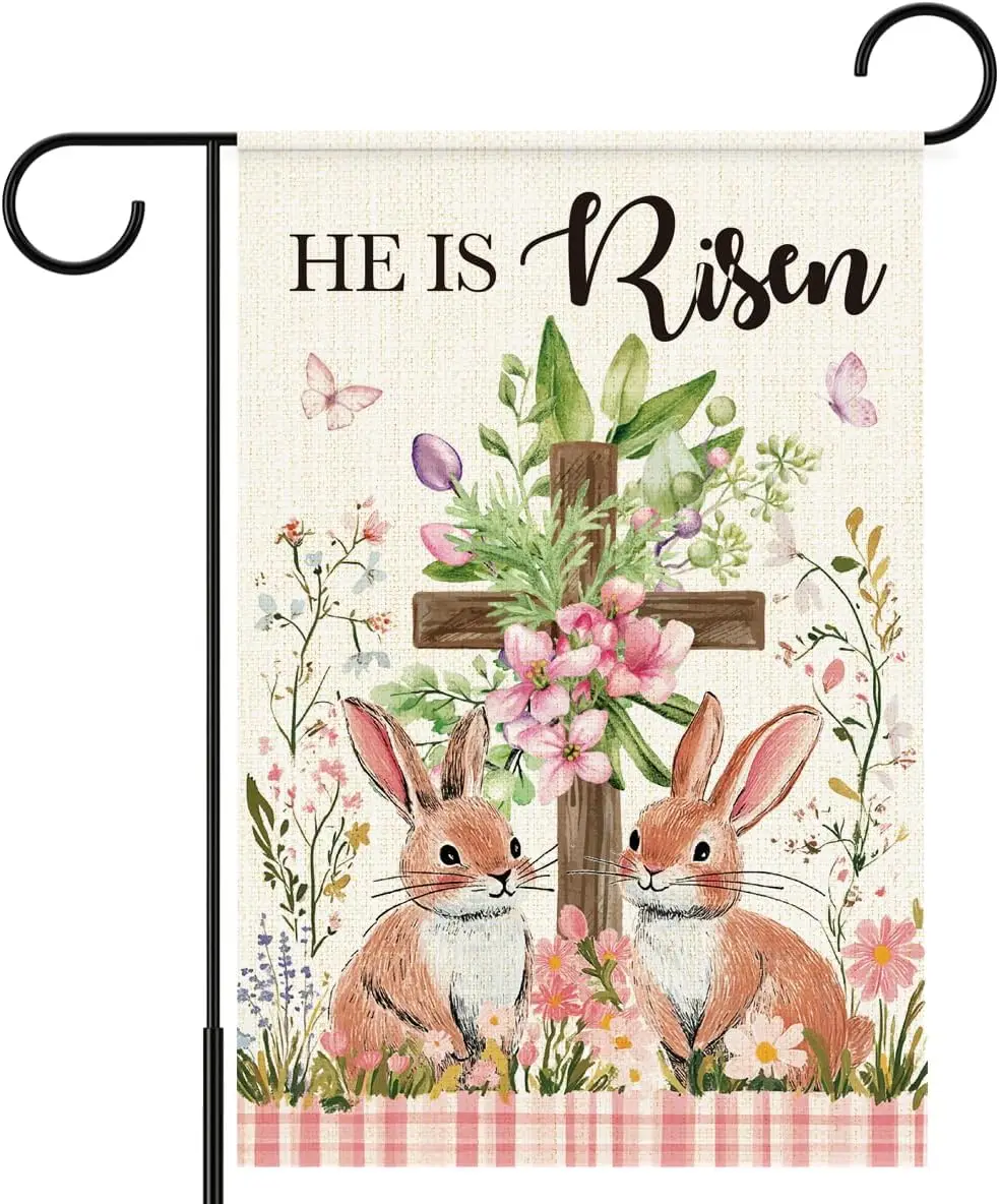 He Is Risen Garden Flags for Outside,Bunnies Cross Easter Garden Flag for Yard Patio Lawn Decoration 12x18 Inch Double Sided zzo