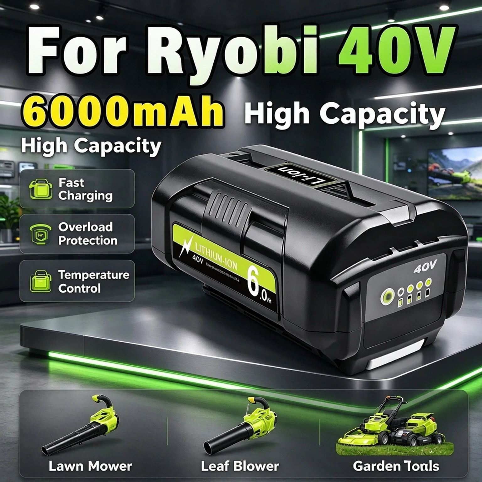 40V 6.0Ah Li-ion Replacement Battery Compatible with Ryobi RY40200 GP4050 for 40V Cordless Garden Power Tools