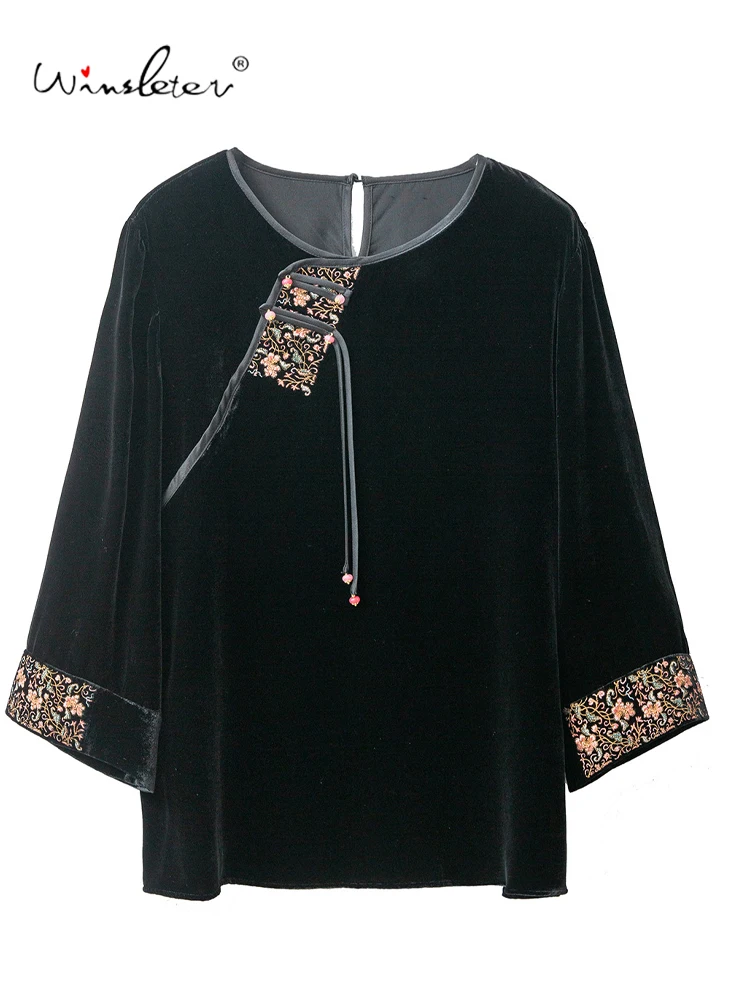 

Элегантная бархатная рубашка Winsleter-Bottom из 100% натурального шелка, вышивка с круглым вырезом, женская повседневная свободная блузка в стиле ретро, осень 2023, T5O543CC