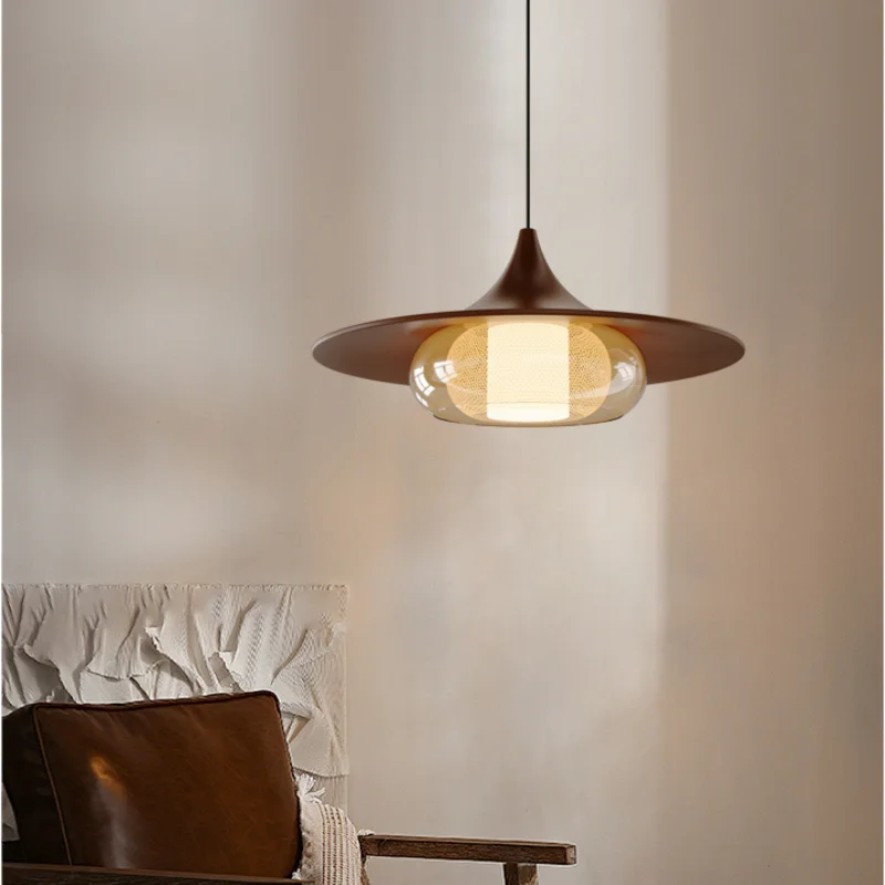Mid ancient style UFO restaurant pendant lamp walnut color French retro dining room dining table bar swing arm hanging line lamp