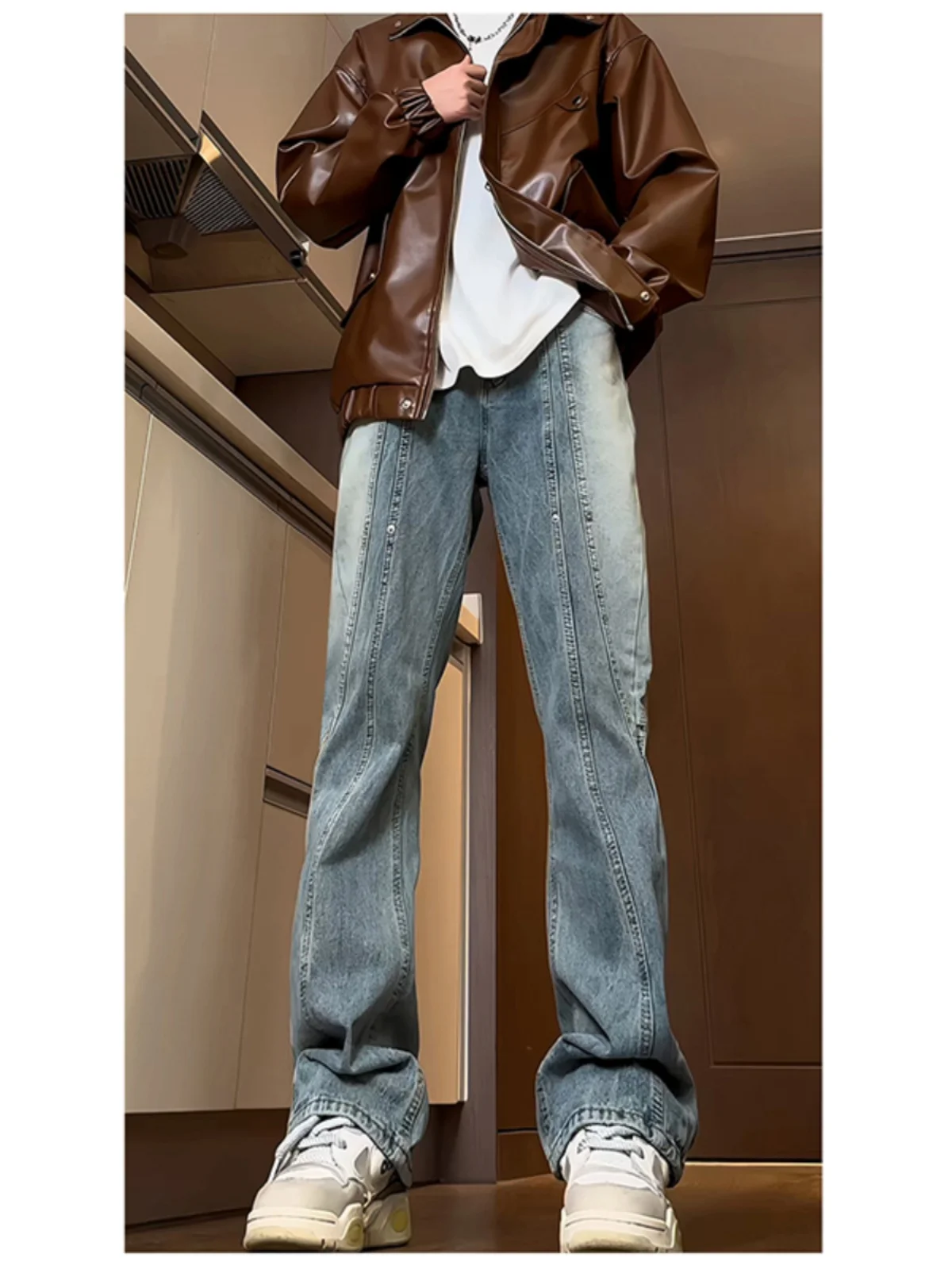 

Waed Blue Patchwork Men's Jeans Vintage High Street Vibe Micro Flared Pants Straight Leg Cotton Blend Wear Resistant