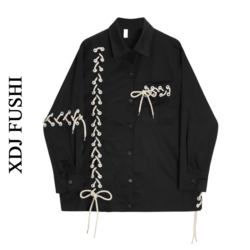 

Women's Black Gothic Polo-Neck Shirts Blouses Y2k 90s Vintage Korean Harajuku 2000s Elegant Oversize Long Sleeve Shirt Clothes