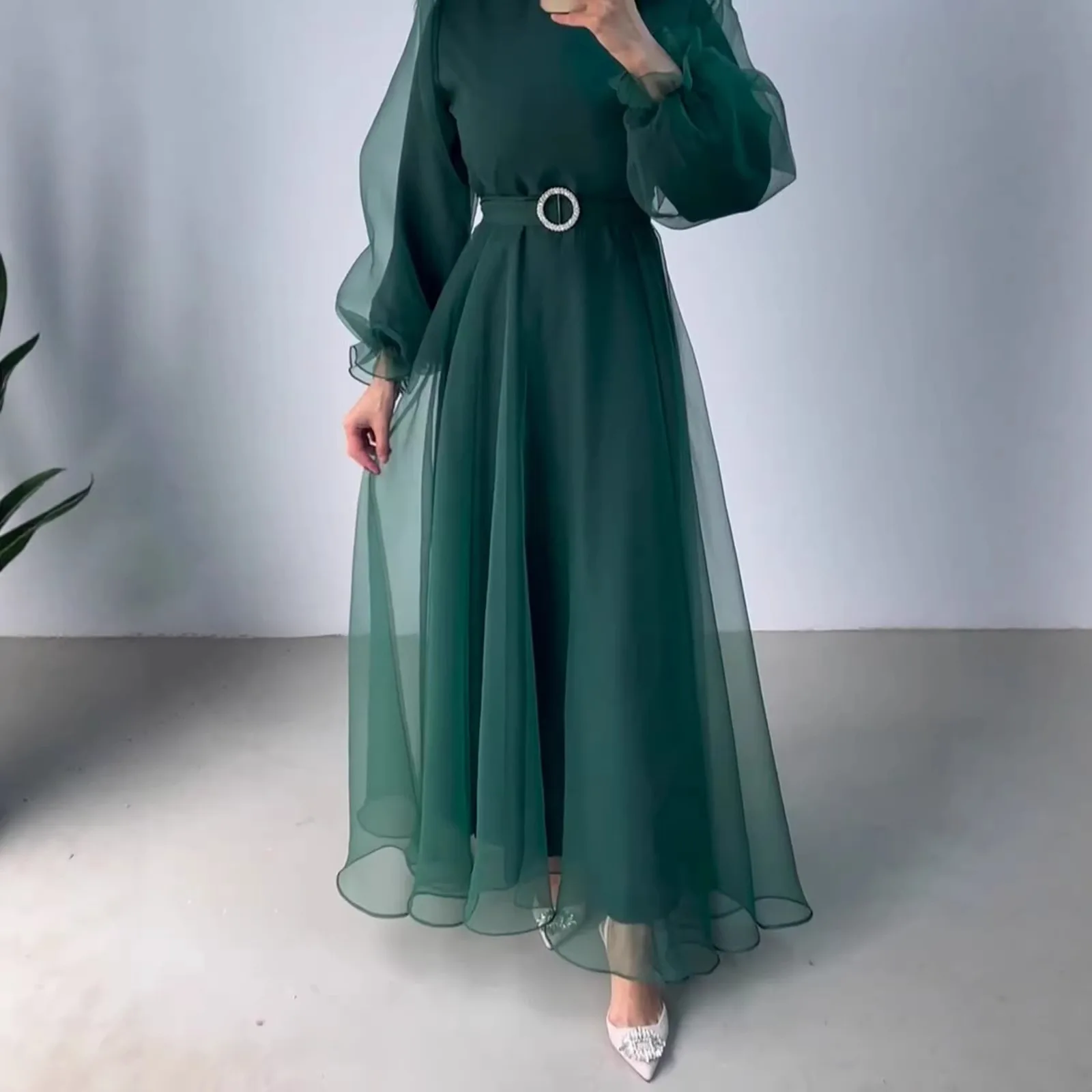 

Elegant Long Sleeve Lantern Sleeve Dress Wedding Dress Midi Dress Polka Dot Polyester Fabric High Collar Evening Gown