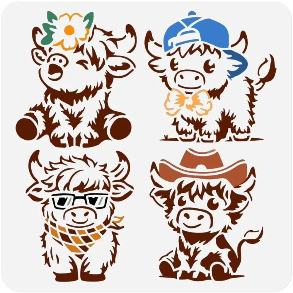 4 Styles Cartoon Highland Cow Stencil for Painting 11.8
