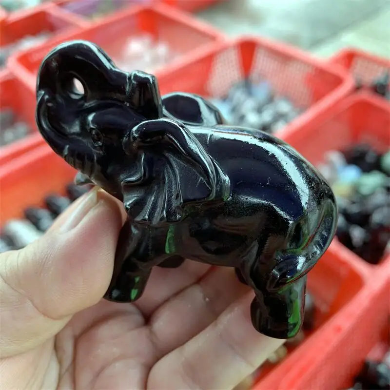 Obsidiana negra Natural elefante cristal Animal tanque paisajismo tallado curación regalo de Navidad decoración del hogar 1 Uds