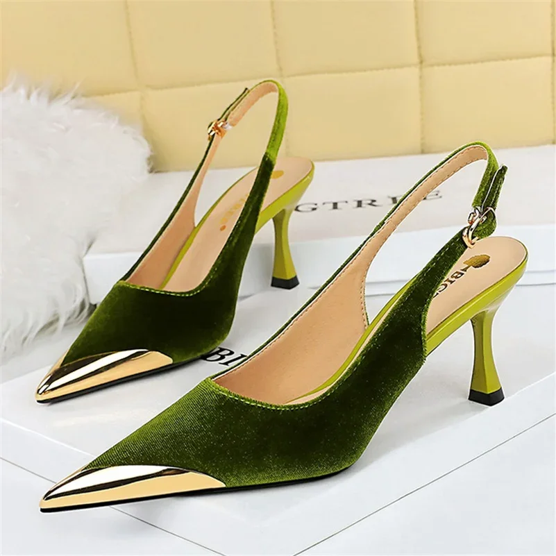 Elegant Women Green 7cm High Heels Velvet Pumps Lady Wedding Party Slingback Sandals Kitten Low Heels Nightclub Wine Red Shoes