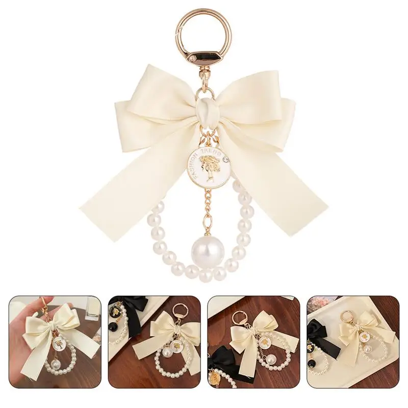 Fashion Large Bowknot Ribbon Pearl Key Chain Women\'S Multi-Color DIY Key Pendant Hanging Ornament Sweet Bag Accessories