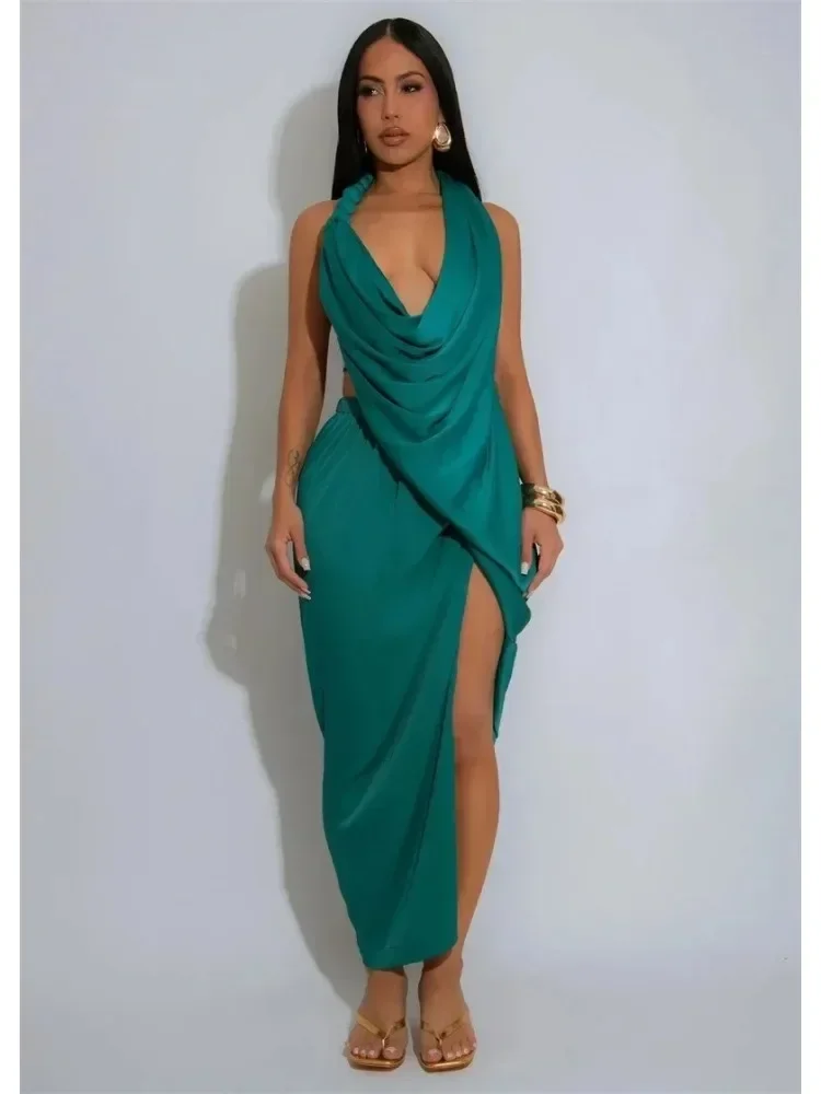 Women's Sexy Halter Neck Backless Maxi Dress Sleeveless V-Neck Ruched High Split Long Dress for Prom Night Club Party Birthday