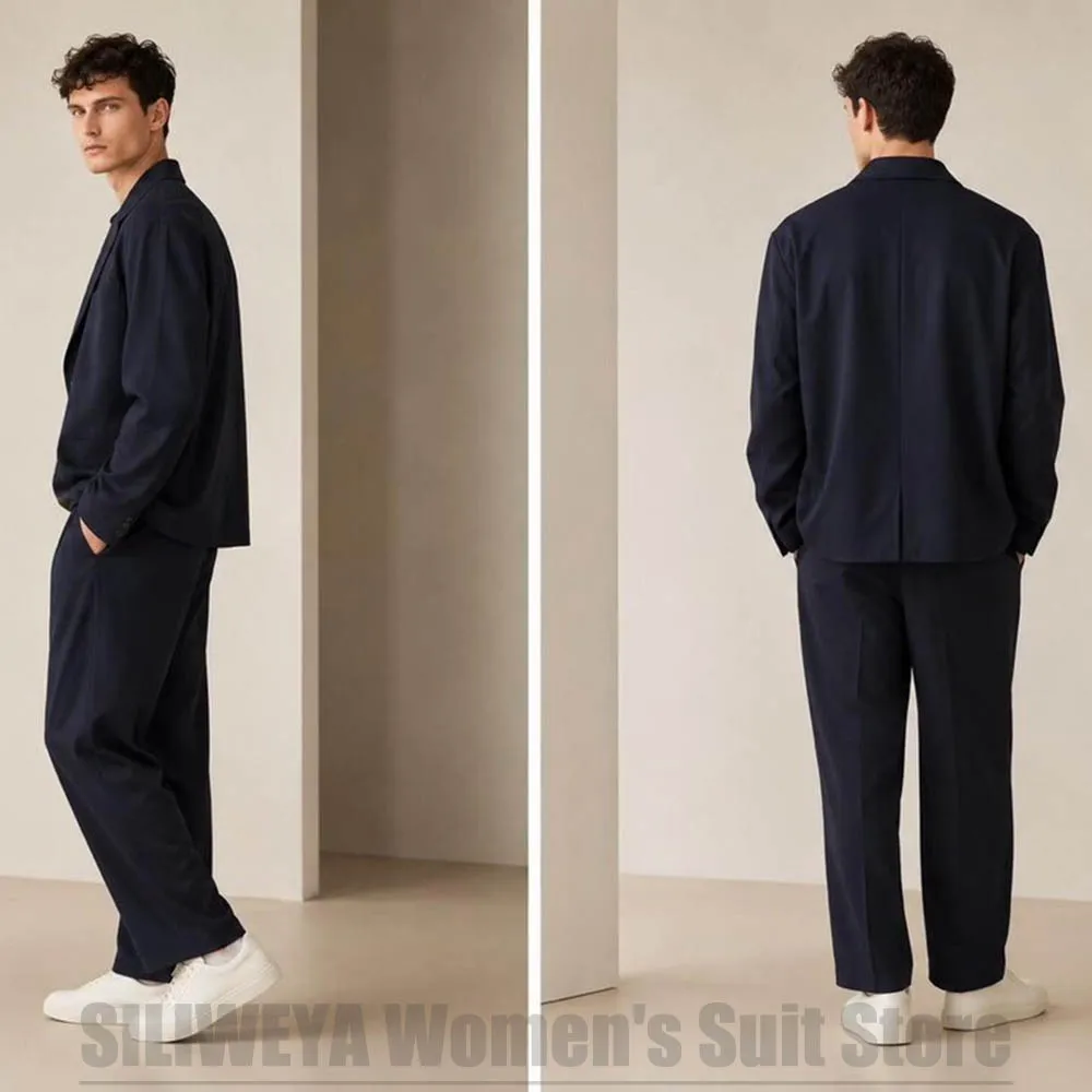 Men Navy Blue Loose Suit Set Notched Lapel Casual Two Pieces Jacket Pants Daily Streetwear For Office Wear Fashion Outfit