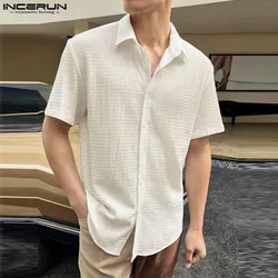 INCERUN Tops 2024 Korean Style Stylish New Mens Texture Solid Shirts Casual Street Simple Comfortable Short Sleeved Blouse S-5XL