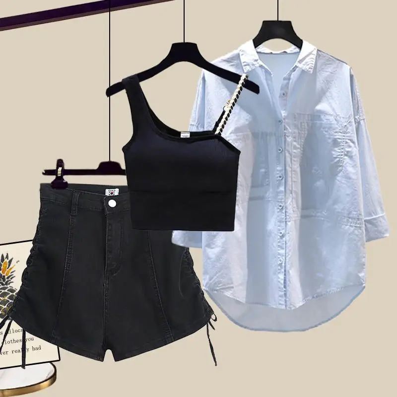 Summer Set Women's New Korean Fashion Western Sunscreen Shirt Tank Top Slimming and Age Reducing Denim Shorts Three Piece Set