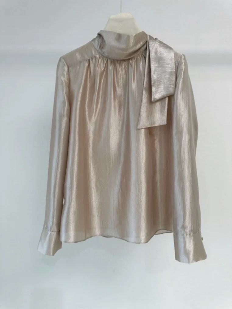 

Elegant Gentle Style Long Sleeve Shirt Half High Collar Glowing Sense with Inner Back Strap Cotton Casual Shirt for Women