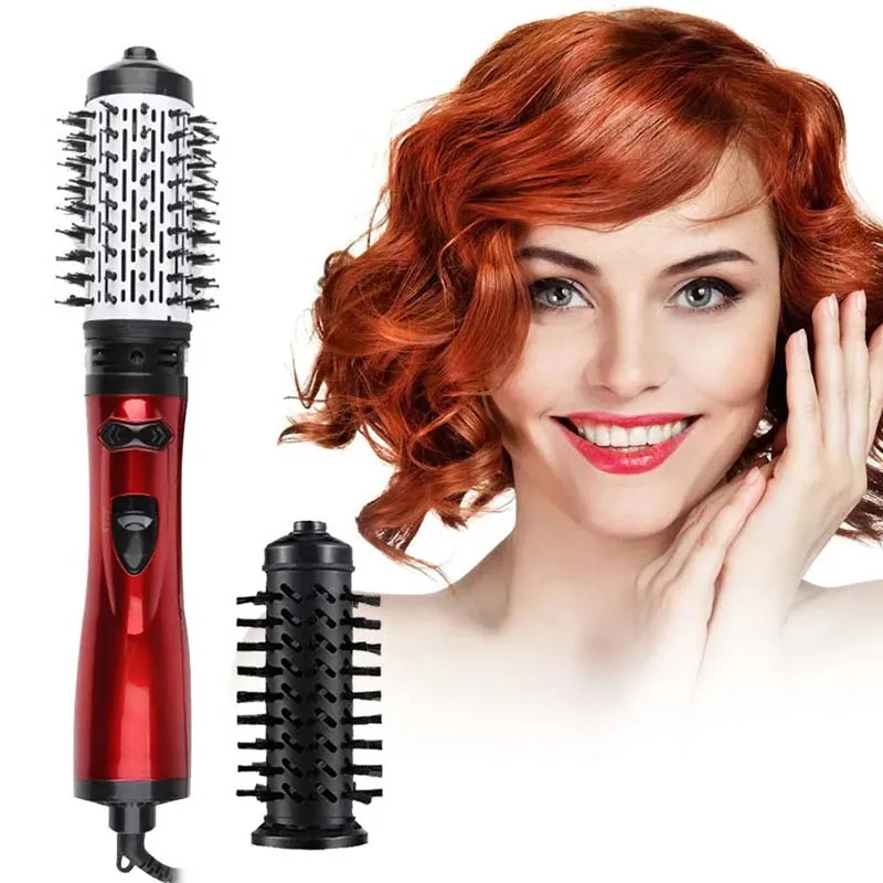 Rotating Hair Dryer Brush Electric Blow Drier Comb Hot Air Straightener Curler Iron One Step 2 Gears Blower Replaceable 2 Heads