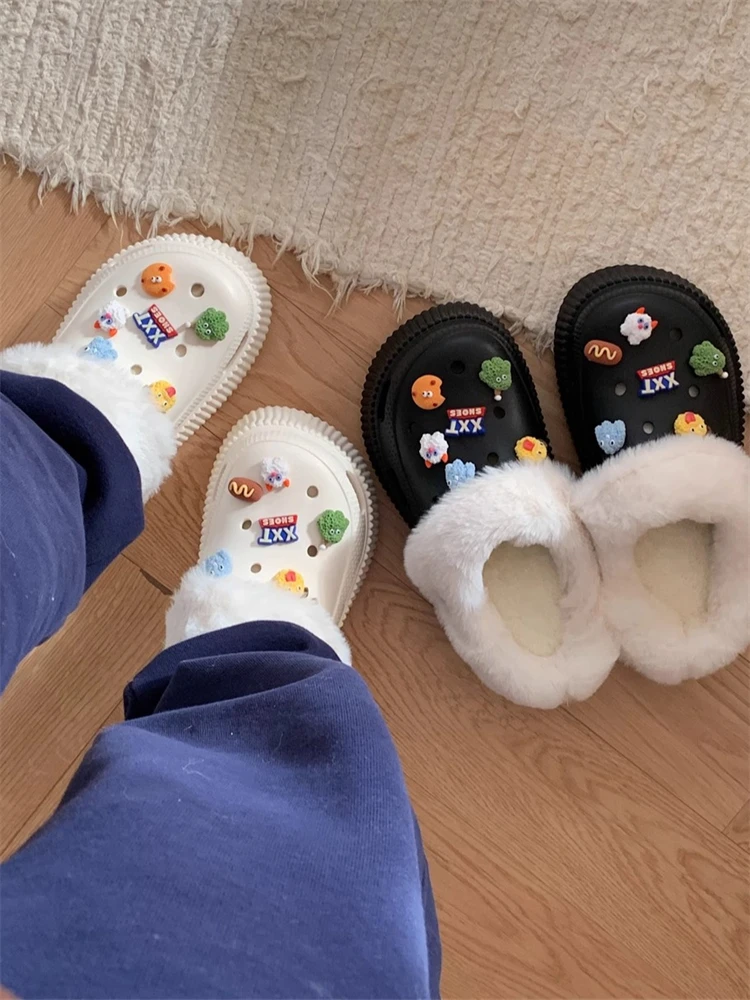 

Plush Garden Shoes Little Monster Fun Hole Shoes Raised Thick Soles For Winter Warmth And Plush Home Cotton Slippers