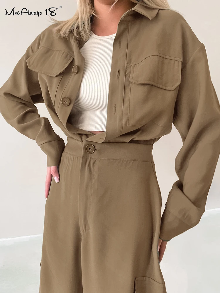 Mnealways18 Elegant Khaki Casual Rompers Long Sleeves With Wide Legs Pants One-Piece Ladies Office Ladies Pockets Jumpsuits 2024