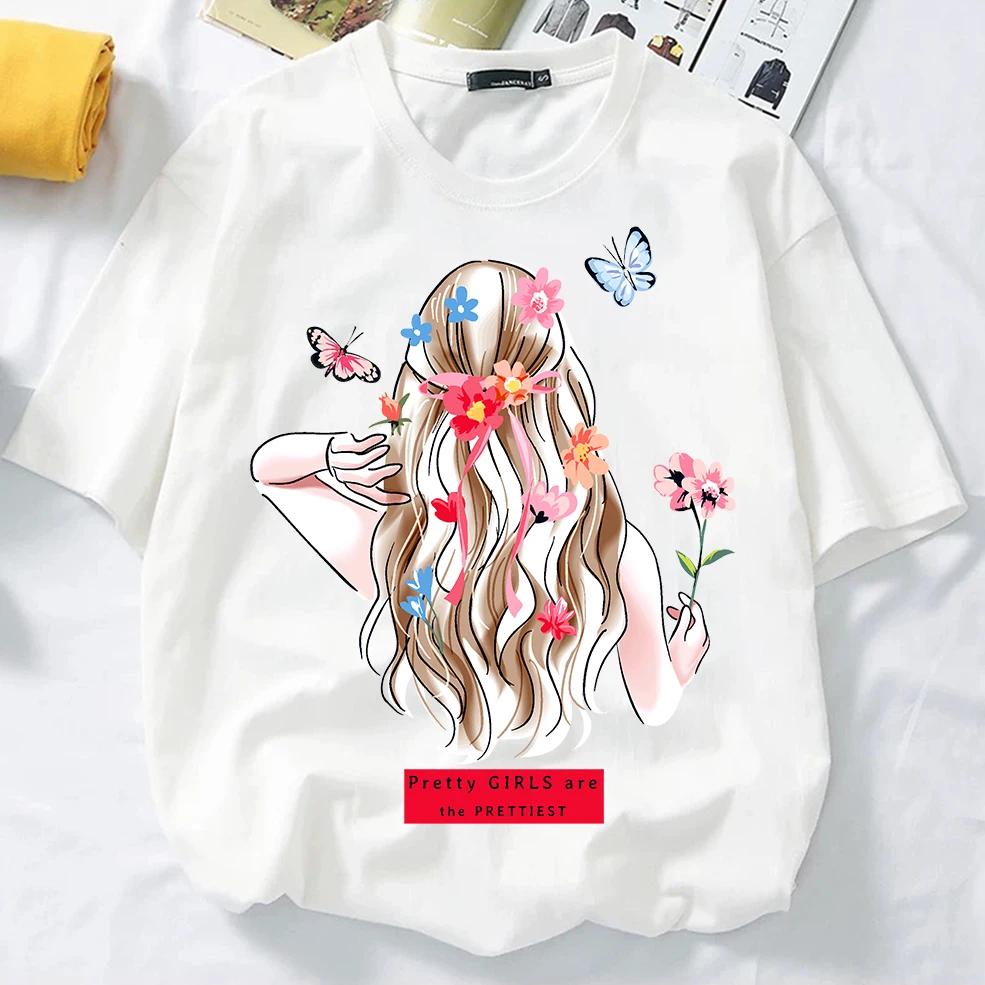 

ФУТБОЛКА HARAJUKU, футболка с принтом «Красивая девушка», рубашка Bunga, женская весенняя рубашка Baju Perempuan Harajuku, повседневная с коротким рукавом