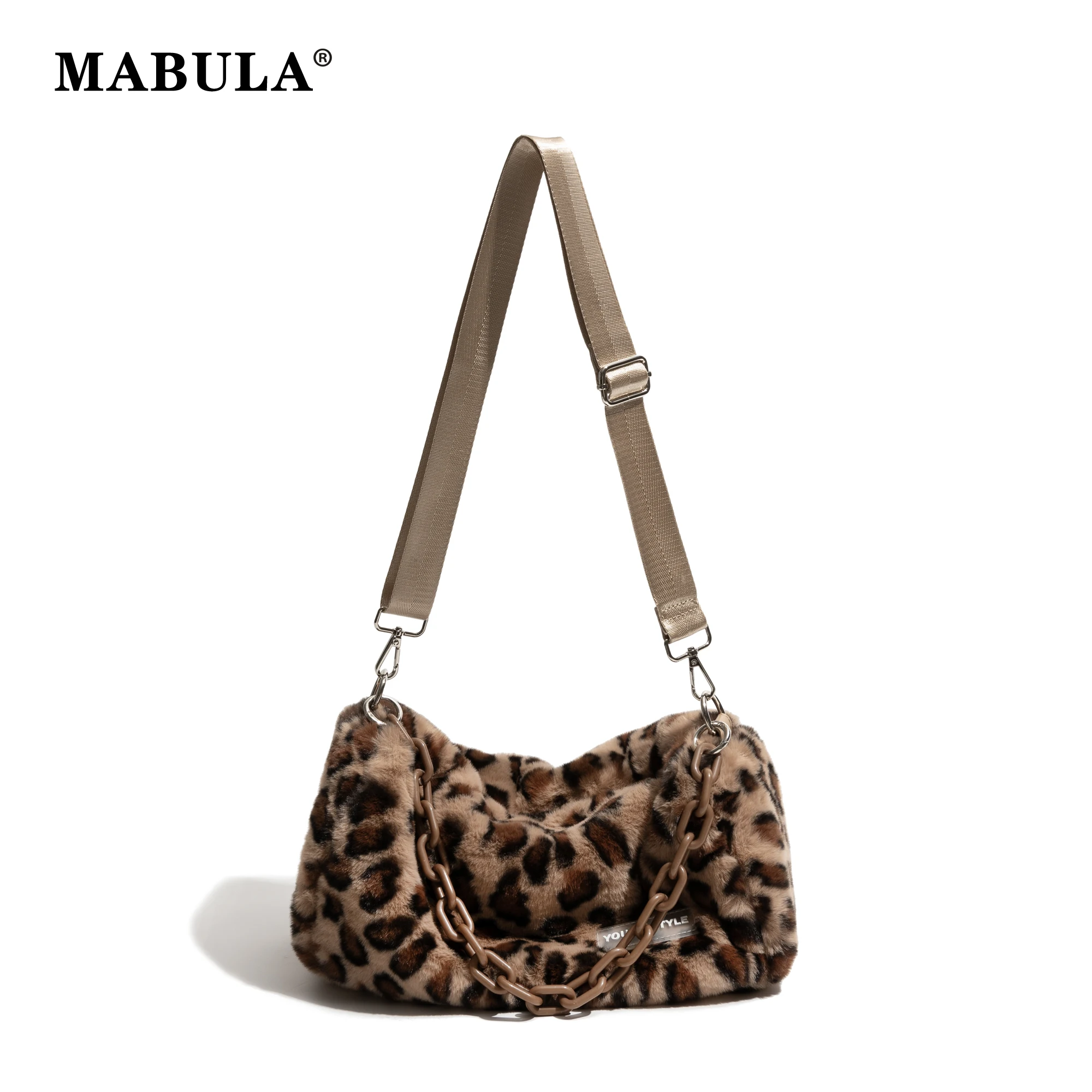 

MABULA Retro Leopard Pattern Fluffy Faux Fur Underarm Shoulder Bag Y2K Spicy Girls Soft Fabric Chain Strap Fashion Crossbody Bag