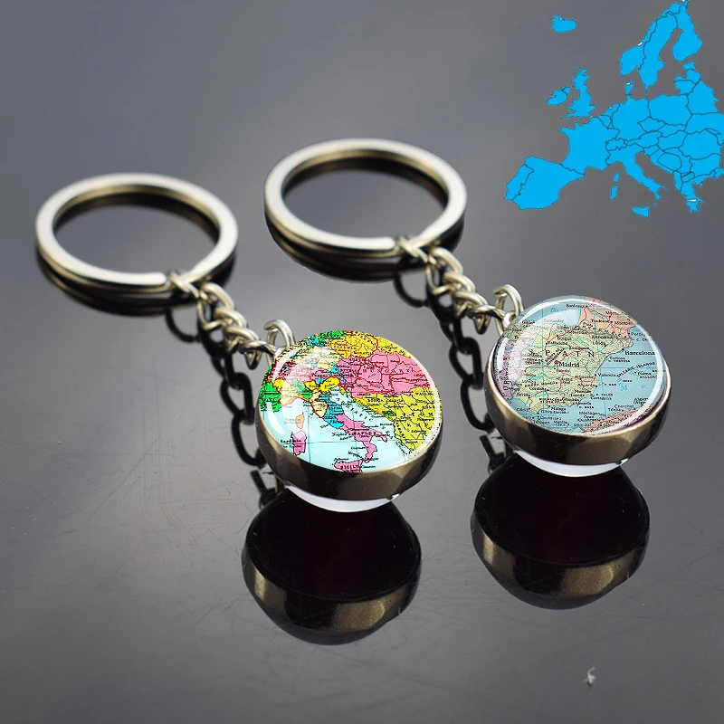 European Countries Map Keychain France Spain Poland Germany Poland Italy Vintage Map Glass Ball Key Chain Ring Travel Gift