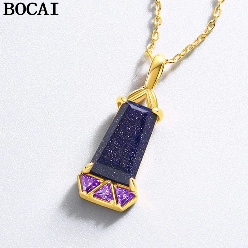 BOCAI New S925 Sterling Silver Jewelry Fashionable And Simple Blue Crystal Sand Necklace Pendant Women's Selected Gift