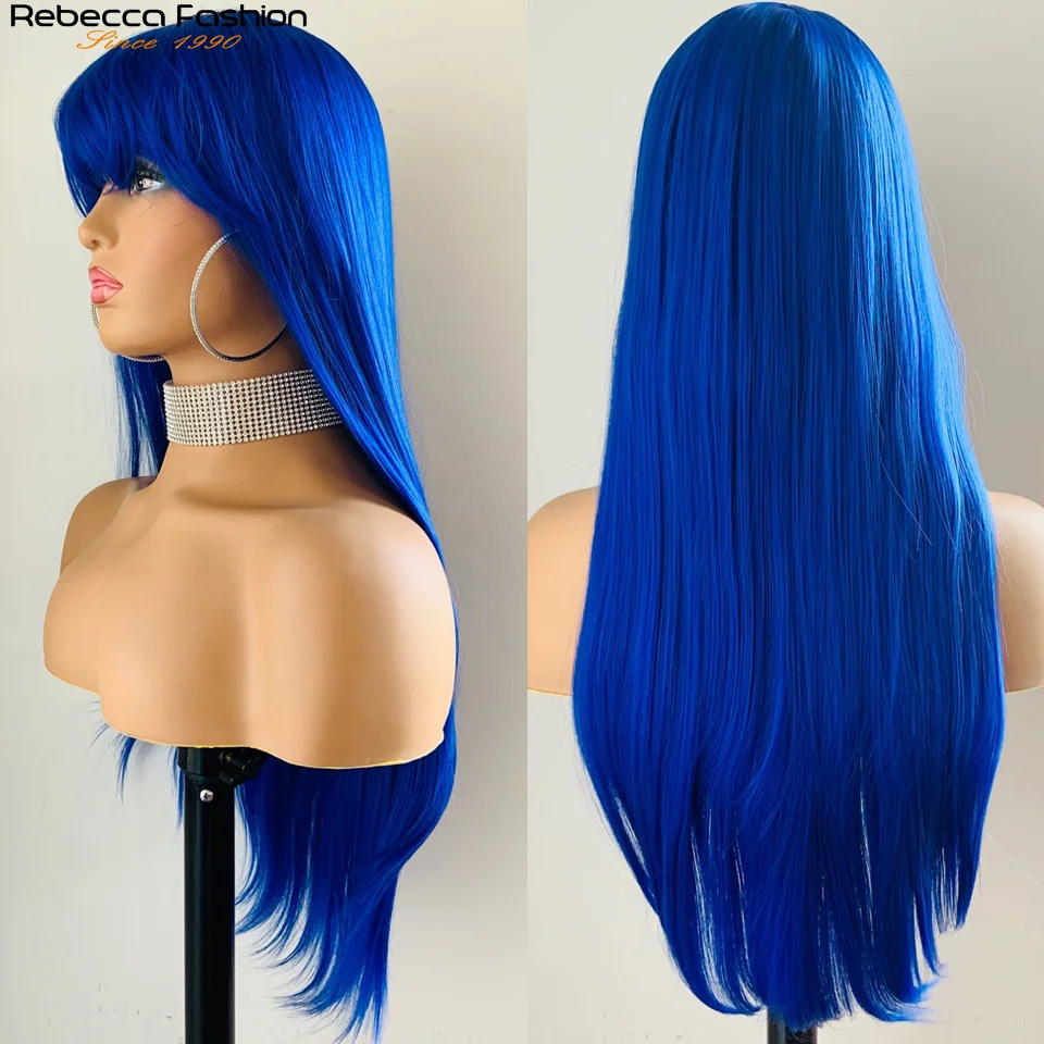 Blue Color Straight Wig With Bangs Brazilian Remy Nature Straight Human Hair Wigs For Women Royal Blue Straight Wig Cosplay Wig