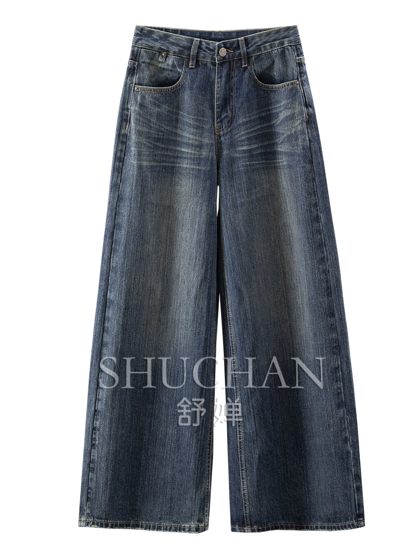 Retro Lazy Pants Design Sense Bamboo Texture High Waist Straight Wide Leg Jeans  Women 83W4