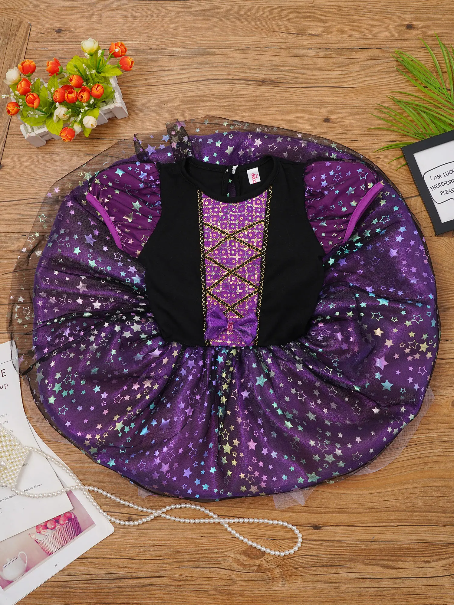 Ballet Dance Dresses for Girls Short Puff Sleeves Shiny Sequins Tulle Tutu Dress Kids Halloween Theme Party Performance Costumes